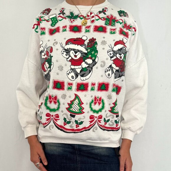 90s vintage cat kitten holiday christmas cute graphic crewneck pullover sweater - Picture 1 of 9